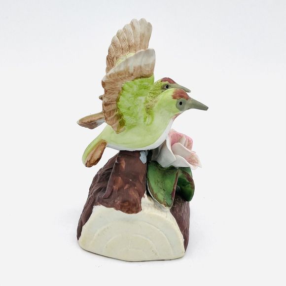Vintage Hummingbirds On Log Figurine Green With Pink Flower Hand Painted Ceramic - Picture 2 of 5